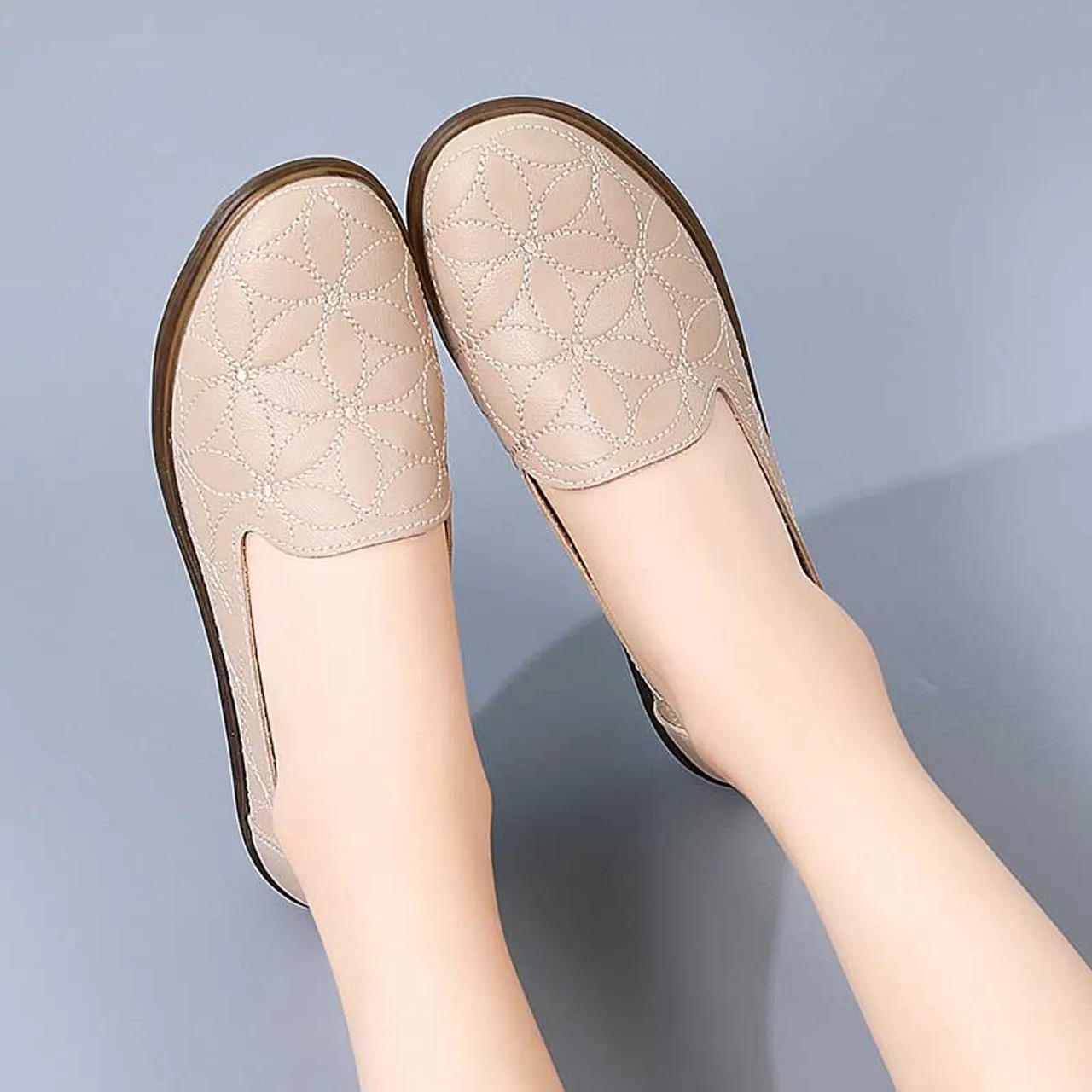 Apricot circle stitch pattern slip on shoe loafer