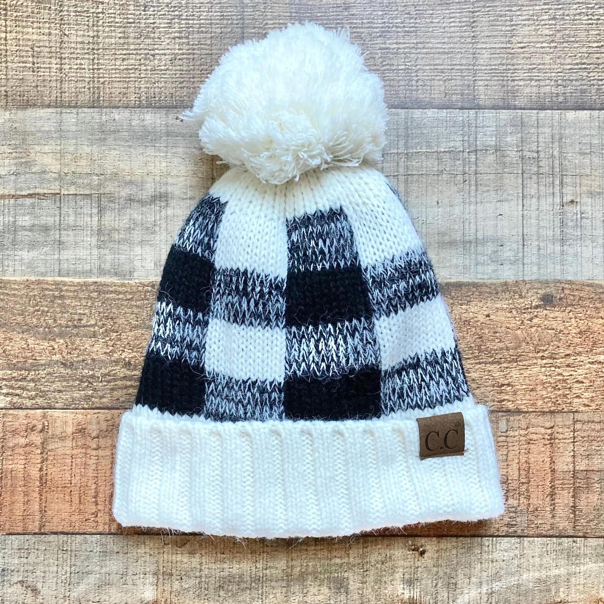 C.C White/Black Plaid Fleece Lined Knit Pom Beanie