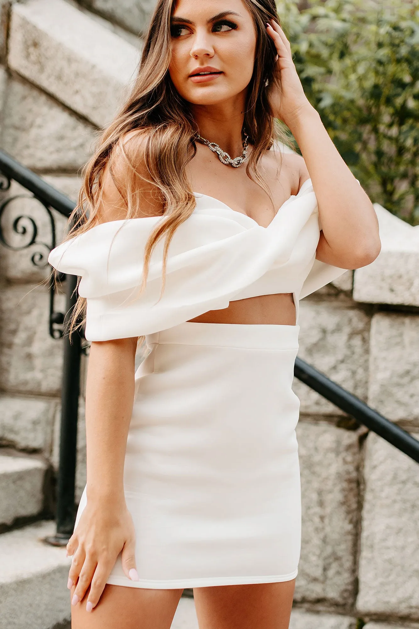 Extravagant Affairs Off The Shoulder Scuba Mini Dress (White)