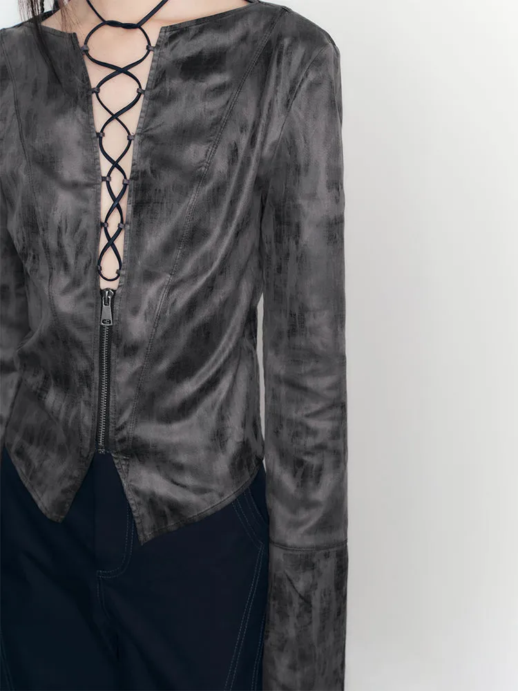 Glossy Retro Lace-Up Tie-Dye Tops