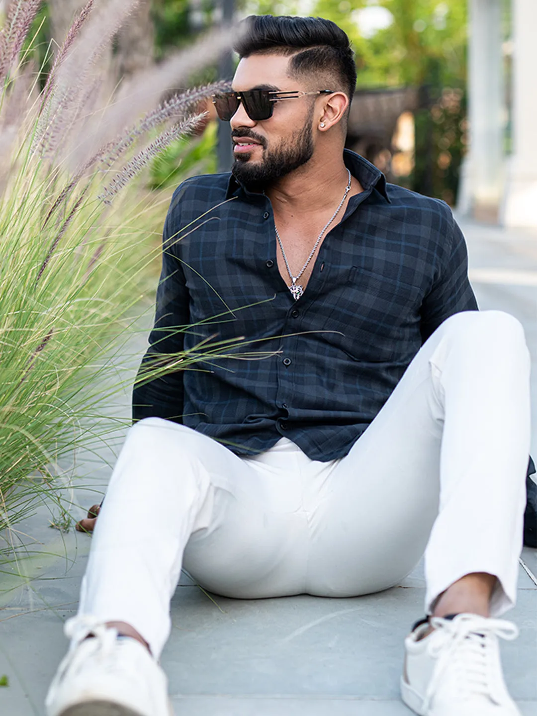 Grey Checks Full Sleeves Giza Cotton Shirt