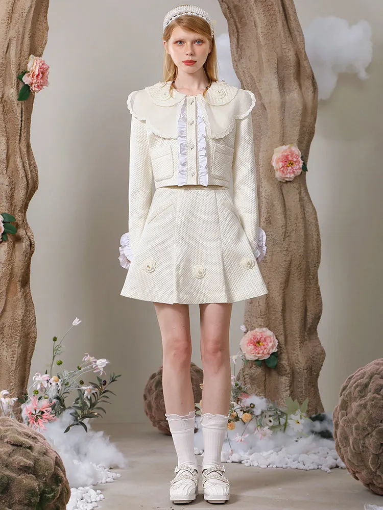 Jacket＆Mini-Skirt Unevenness Frill Flower Lace Cute Set-Up