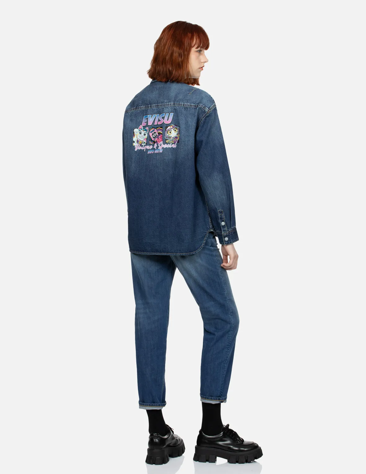Logo Embossed Pocket and Multi-Print Boyfriend Denim Shirt