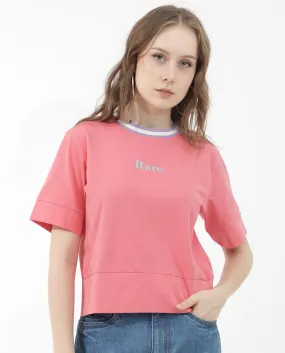 Rareism Women Eliza Peach Cotton Elastane Fabric Crew Neck Knit Solid T-Shirt