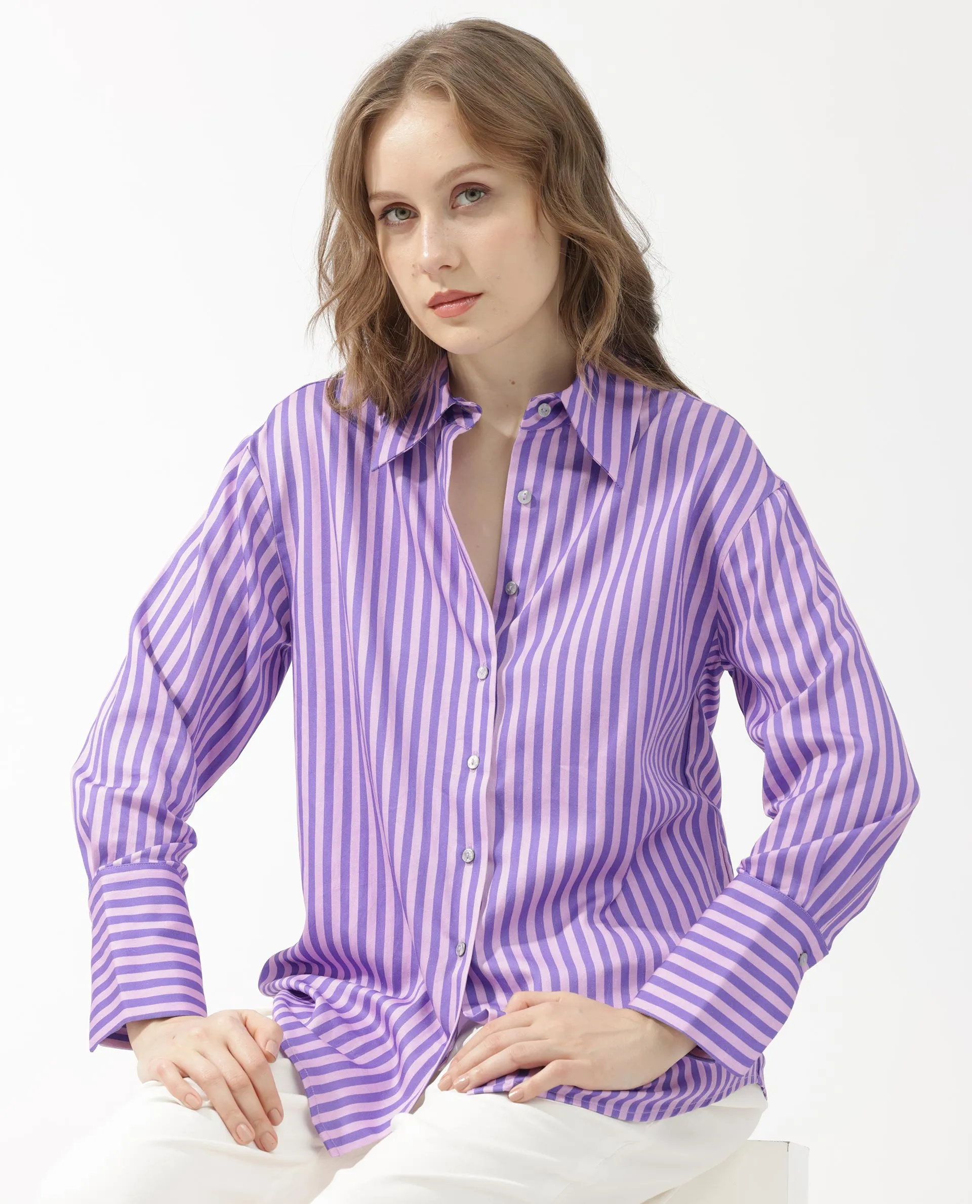 Rareism Women Runio Dusky Purple Polyester Fabric Full Sleeves Button Closure Shirt Collar Cuffed Sleeve Regular Fit Striped Shi