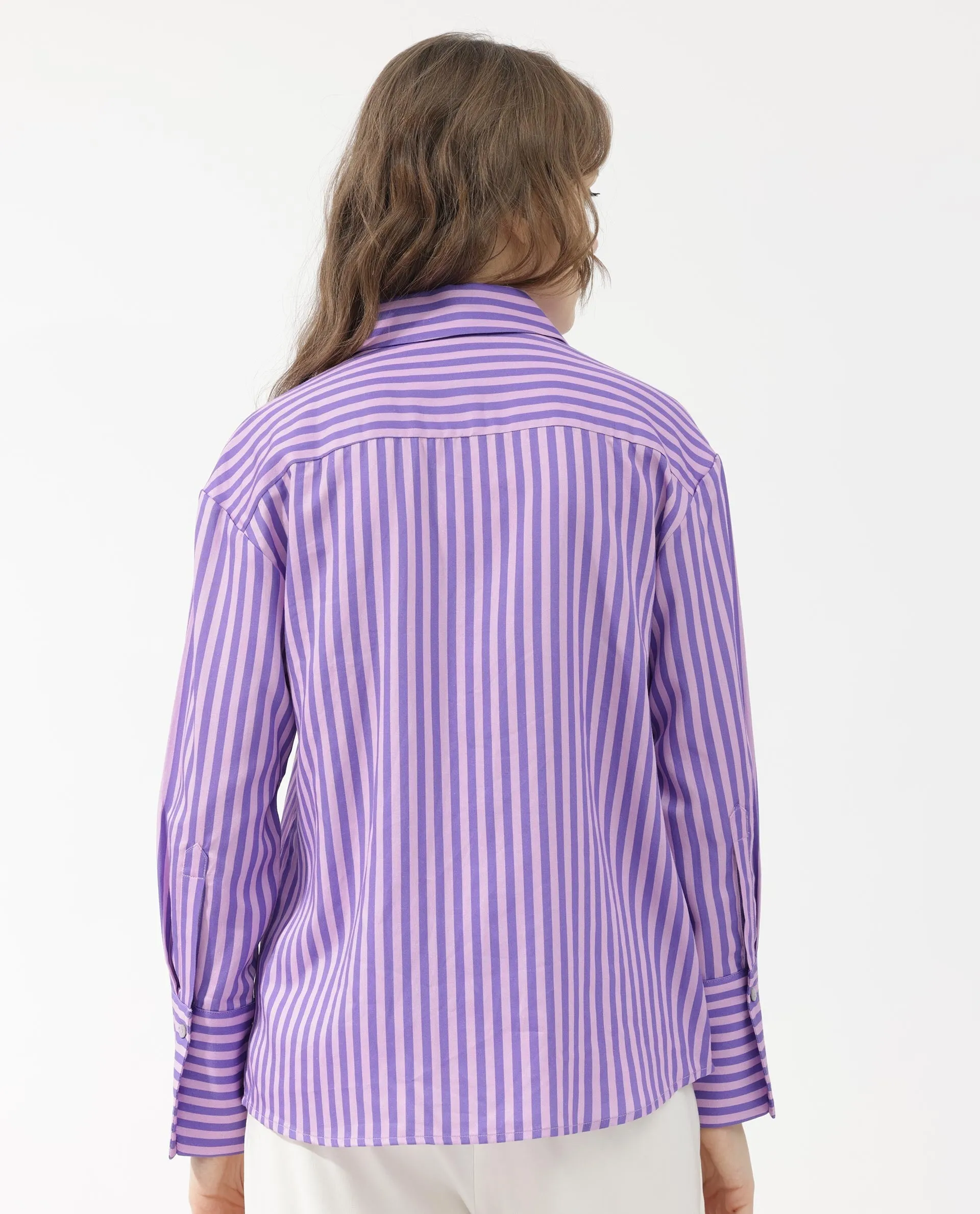 Rareism Women Runio Dusky Purple Polyester Fabric Full Sleeves Button Closure Shirt Collar Cuffed Sleeve Regular Fit Striped Shi