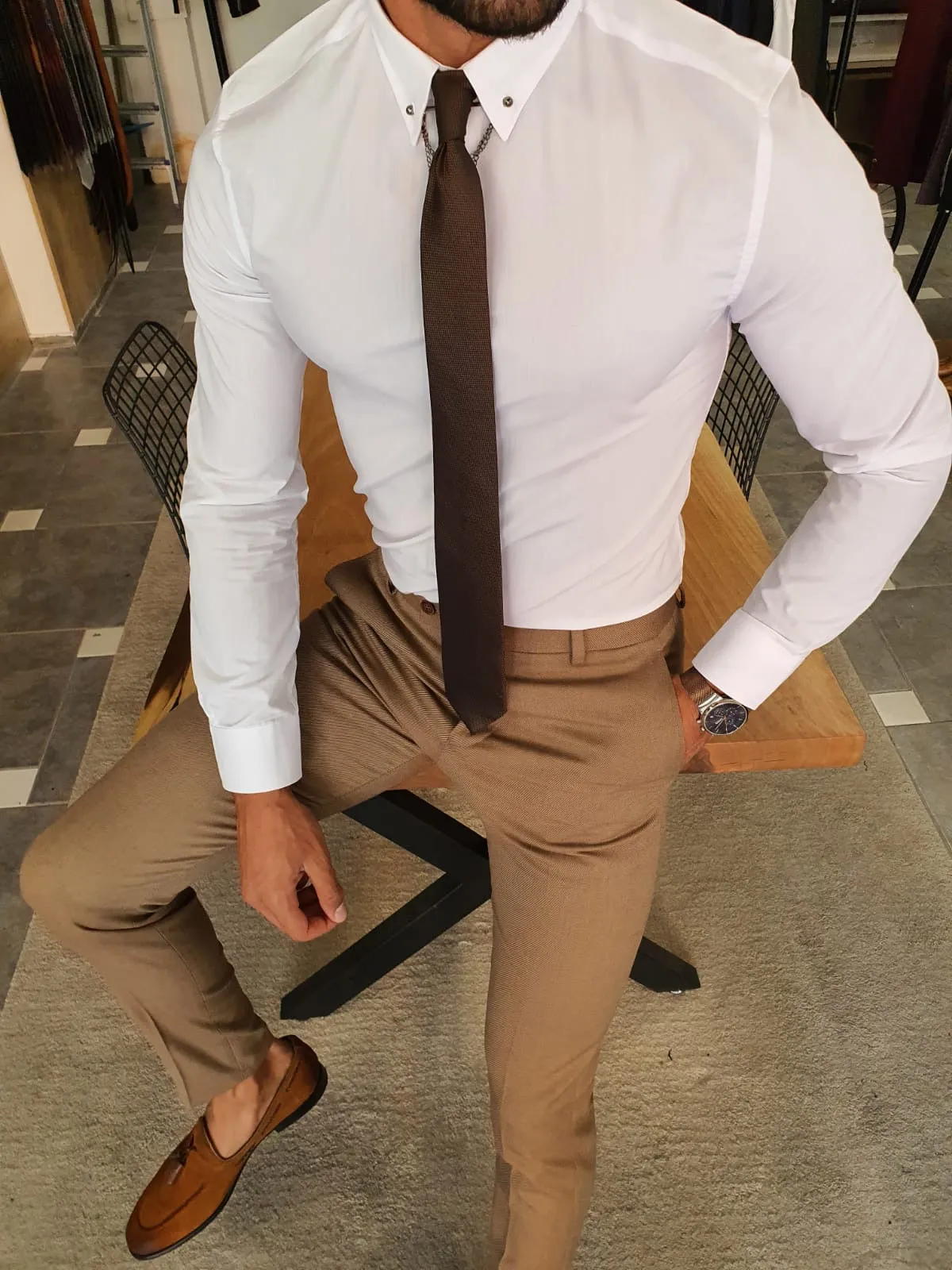 Severi White Slim Fit Chain Collar Shirt